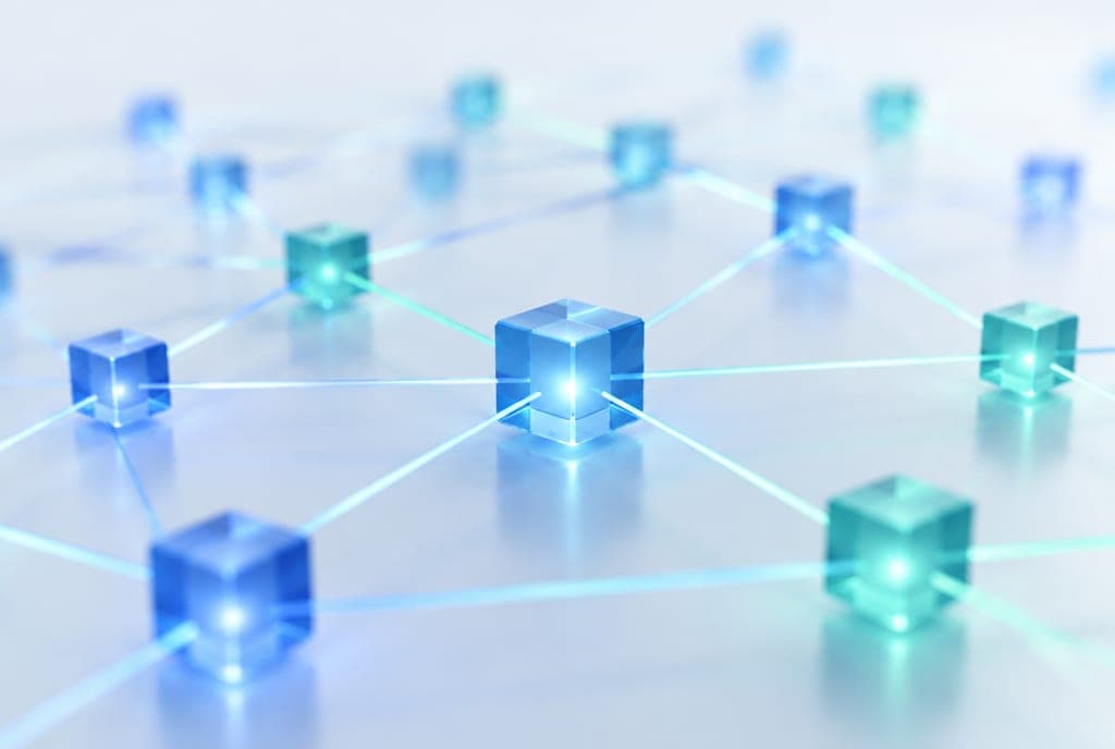 Blockchain-netwerk van verbonden blokken, symbool voor de consensusmechanismen proof of work en proof of stake