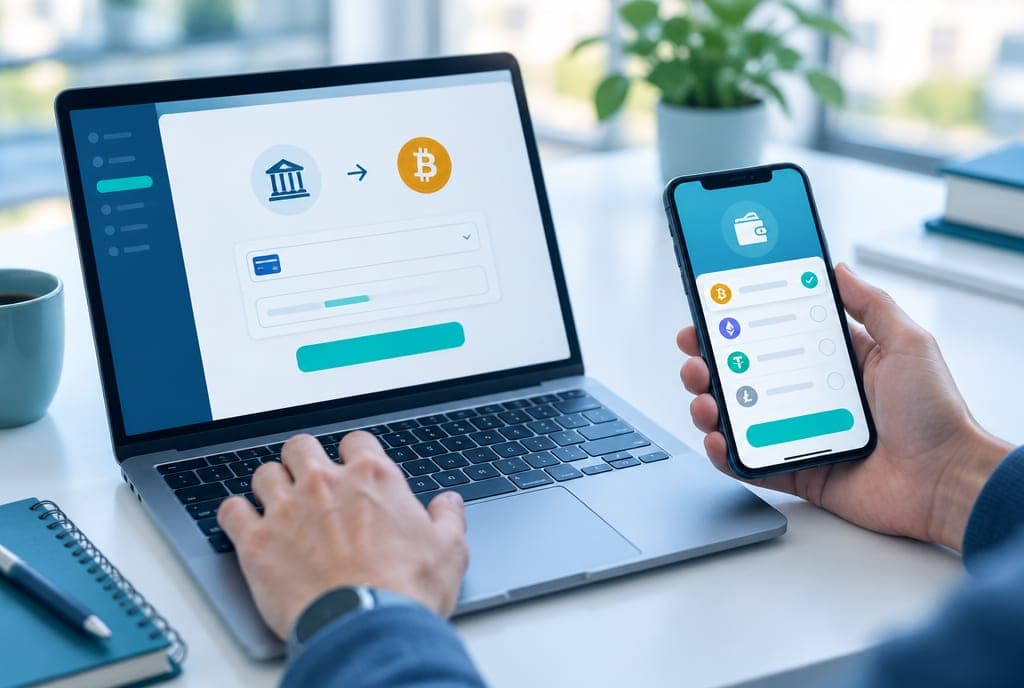 Laptop en telefoon met een koop-interface, symbool voor crypto kopen met iDEAL
