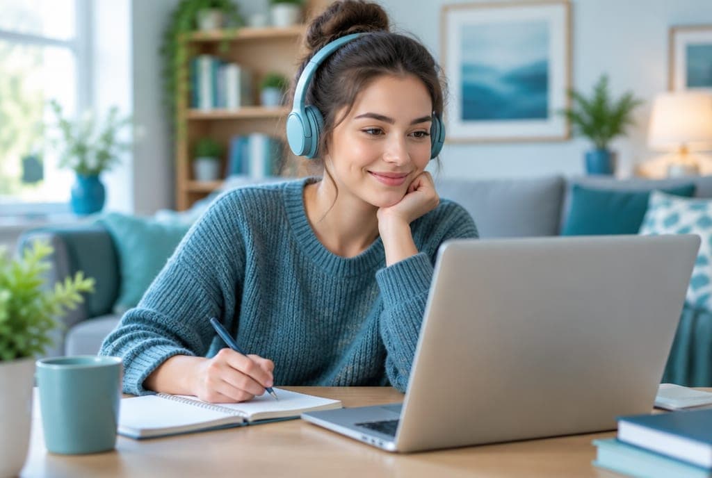 Persoon die rustig en met plezier crypto leert op een laptop
