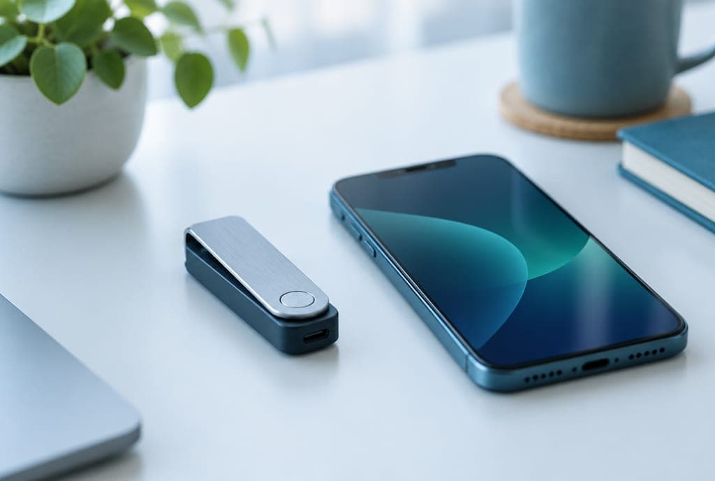 Hardware wallet en telefoon, symbool voor het herstellen van een crypto wallet